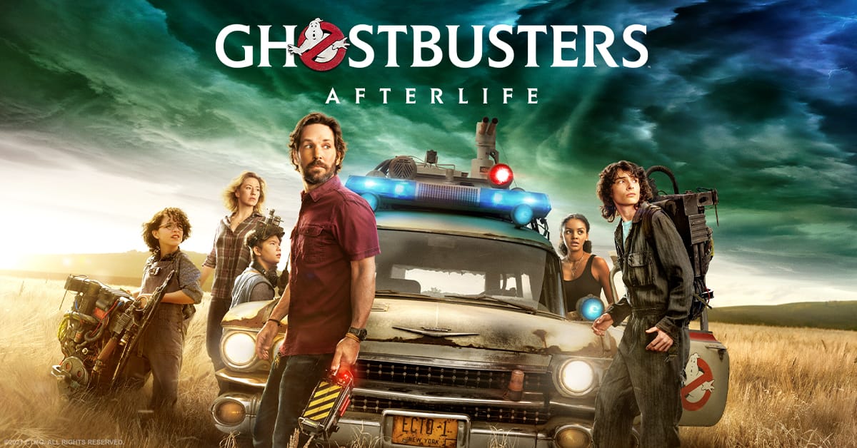"Ghosterbusters: Afterlife" image of all the cast in front of a car.