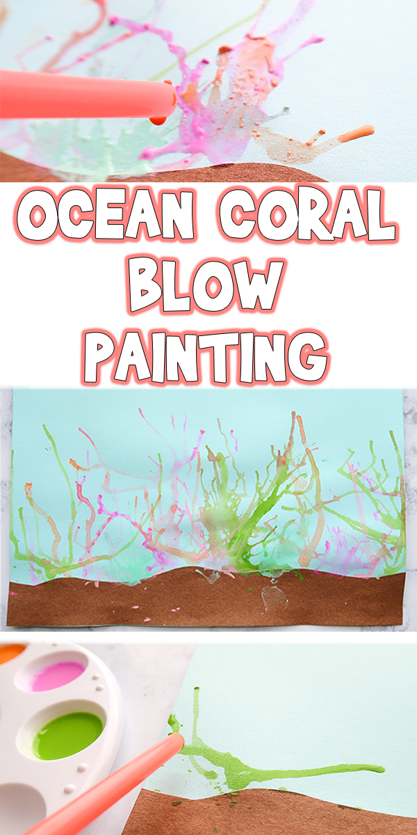 Ocean coral blow painting images of a straw blowing green and pink onto a white canvas.
