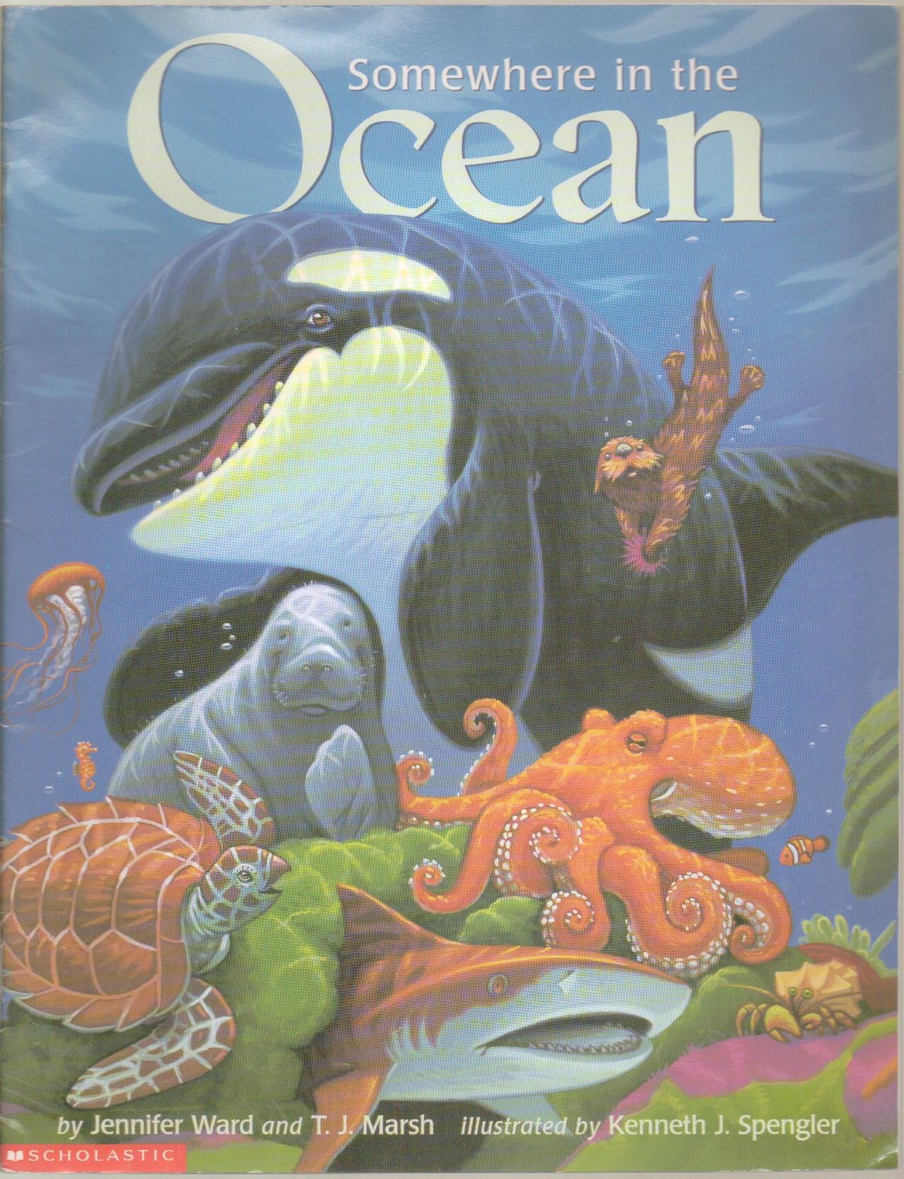 Cover image of "Somewhere in the Ocean" featuring an illustration of a smiling killer whale and about 8 other sea animals