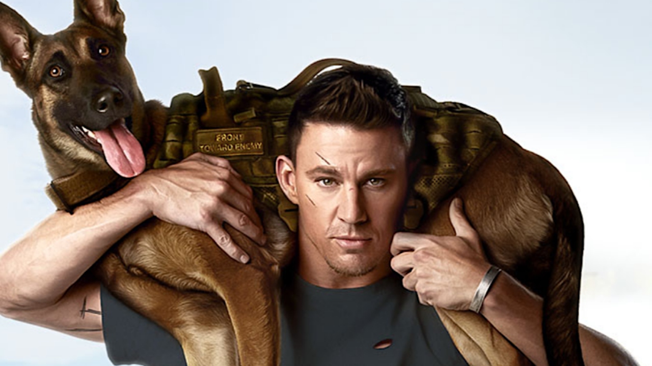 PIcture of Channing Tatum holding a dog on his shoulders.