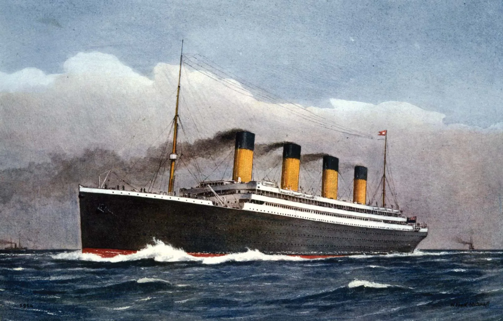 An illustration of the titanic on a choppy blue ocean.