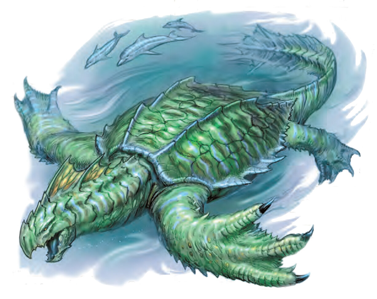 An illustration of an Ogua cryptid turtle with sharp claws and a tail of an alligator.