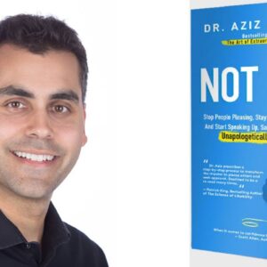 Headshot of Dr. Aziz Gazipura next to an image of his book, "Not Nice"
