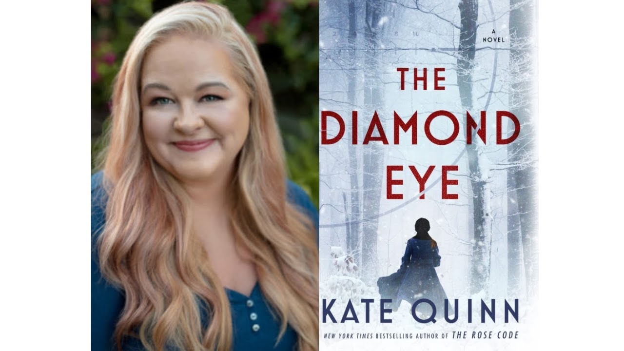 Photo of Kate Quinn next to the cover image of her book, "The Diamond Eye"