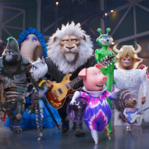 Sing 2 movie screenshot featuring the main characters: Clay Calloway, Rosita, Buster, Porsha, etc.