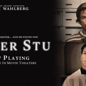 Mark Whalberg dressed in priestly garbs and in a police lineup with the title, "Father Stu"