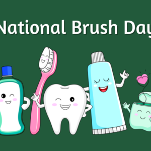 National Brush Day Flyer with cartoon dental hygiene products.