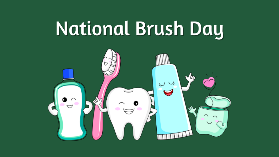 National Brush Day Flyer with cartoon dental hygiene products.