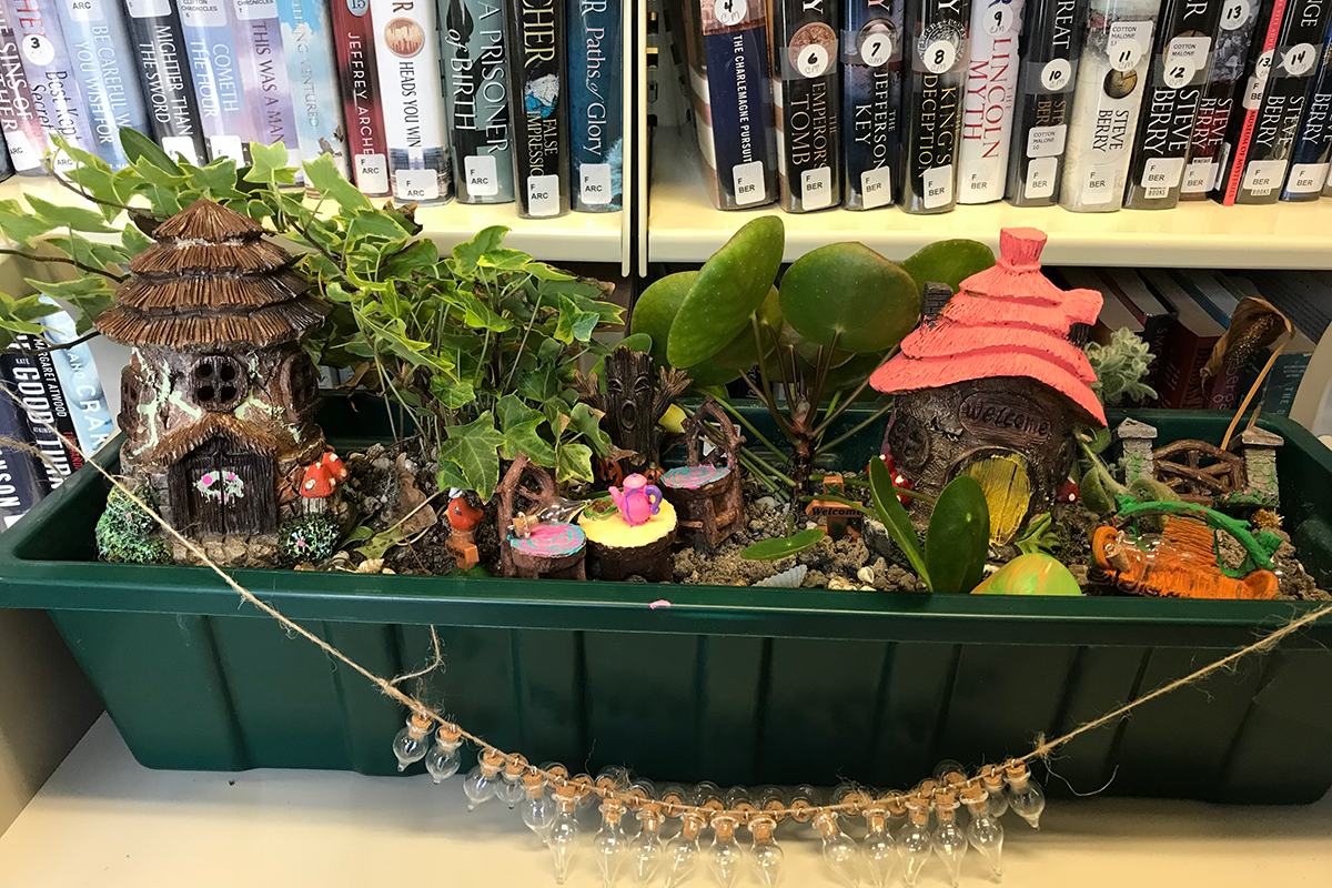 Fairy Garden in front of a bookshelf at the Cheat Area Public Library.