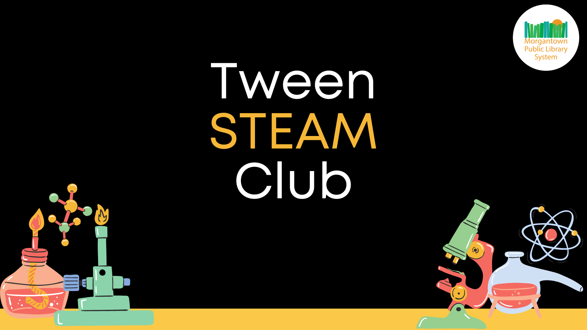 Tween STEAM Club. Cartoon science experiment tools.