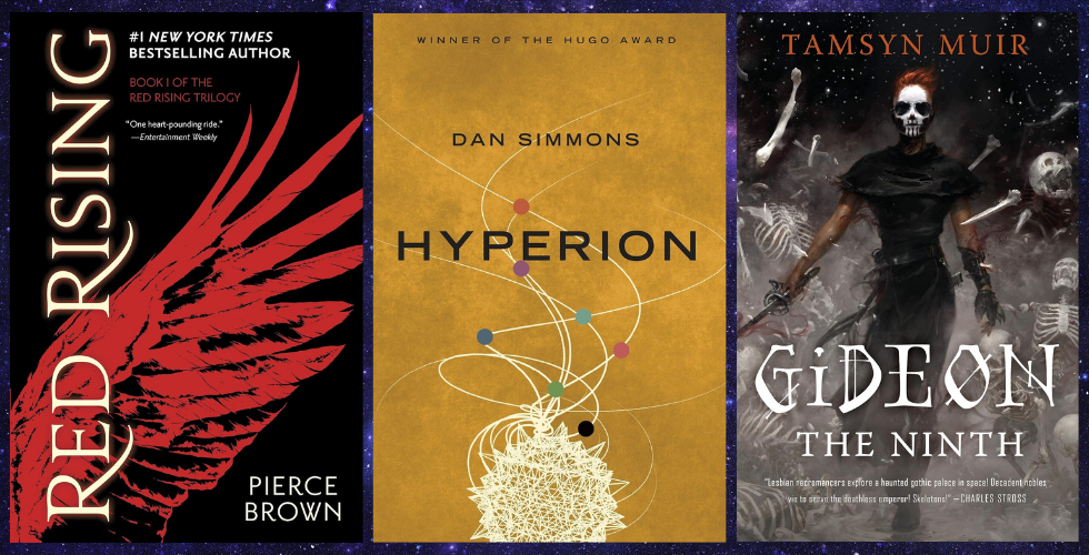 Three book covers: Pierce Brown's "Red Rising," Dan Simmons's "Hyperion," and Tamsyn Muir's "Gideon the Ninth"